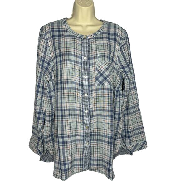 J.Jill Plaid Long Sleeve Blue Plaid Soft Cotton Button Down Top Mature Relax XL - Picture 1 of 7